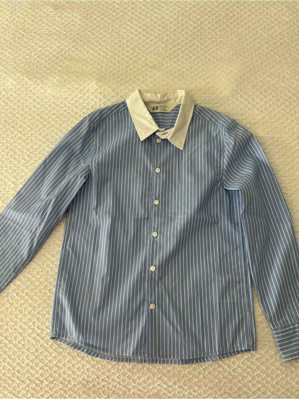 H&M Blue Pinstripe Button-Up Shirt with White Collar boy 8-9 blue
